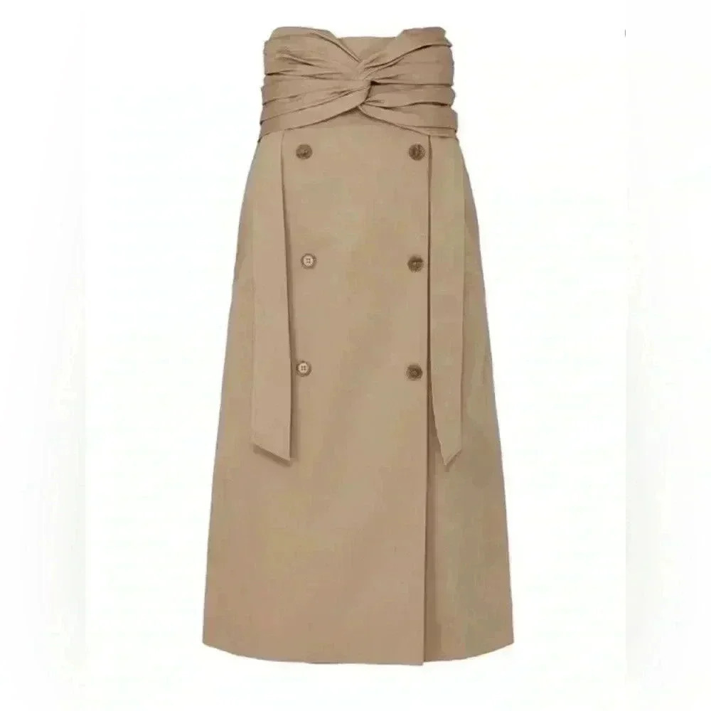 Rokh Midi Skirt 38 4 S Brown Beige Tan Twist Front Button Embellished Cotton - Picture 4 of 16